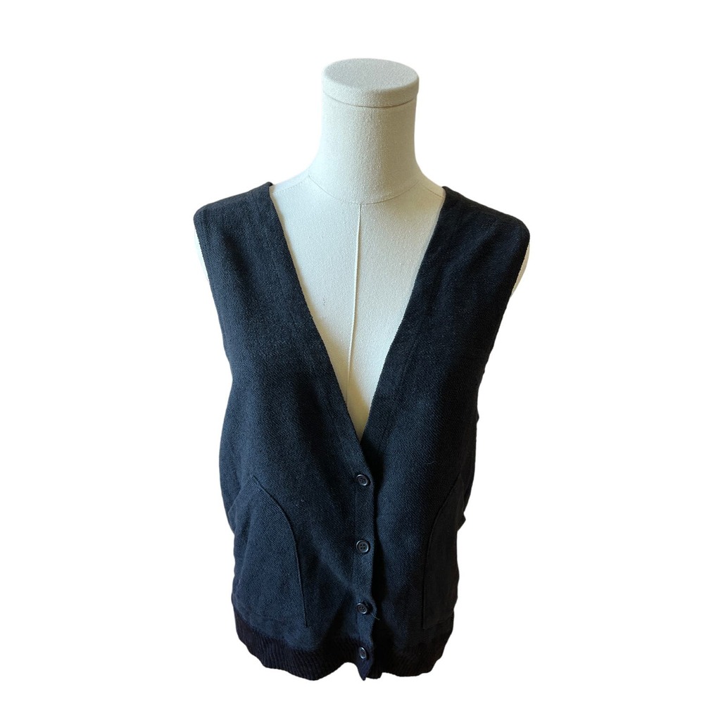 Claudine Sweater Vest Vintage Sleeveless Button Front V-Neck Knit Black